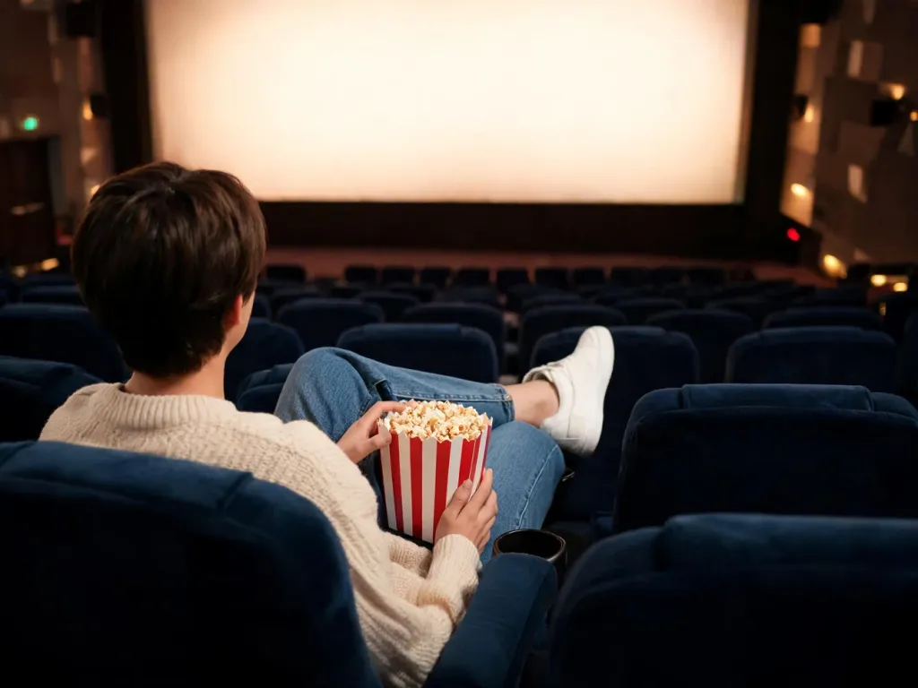 Osoba w wygodnym swetrze i dżinsach siedzi w miękkim fotelu kina z popcornem, gotowa na seans w przytulnej sali.