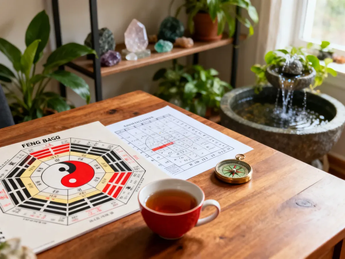 Drewniane biurko z mapą Bagua, wykresem urodzeniowym i kompasem, w tle rośliny, kryształy i fontanna, harmonia feng shui. no text on the picture