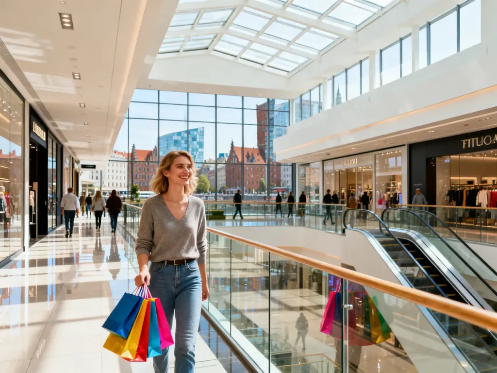 Nowoczesne wnętrze galerii handlowej w Gdańsku z uśmiechniętą kobietą na zakupach, jasne witryny, przeszklone balustrady, no text on the picture
