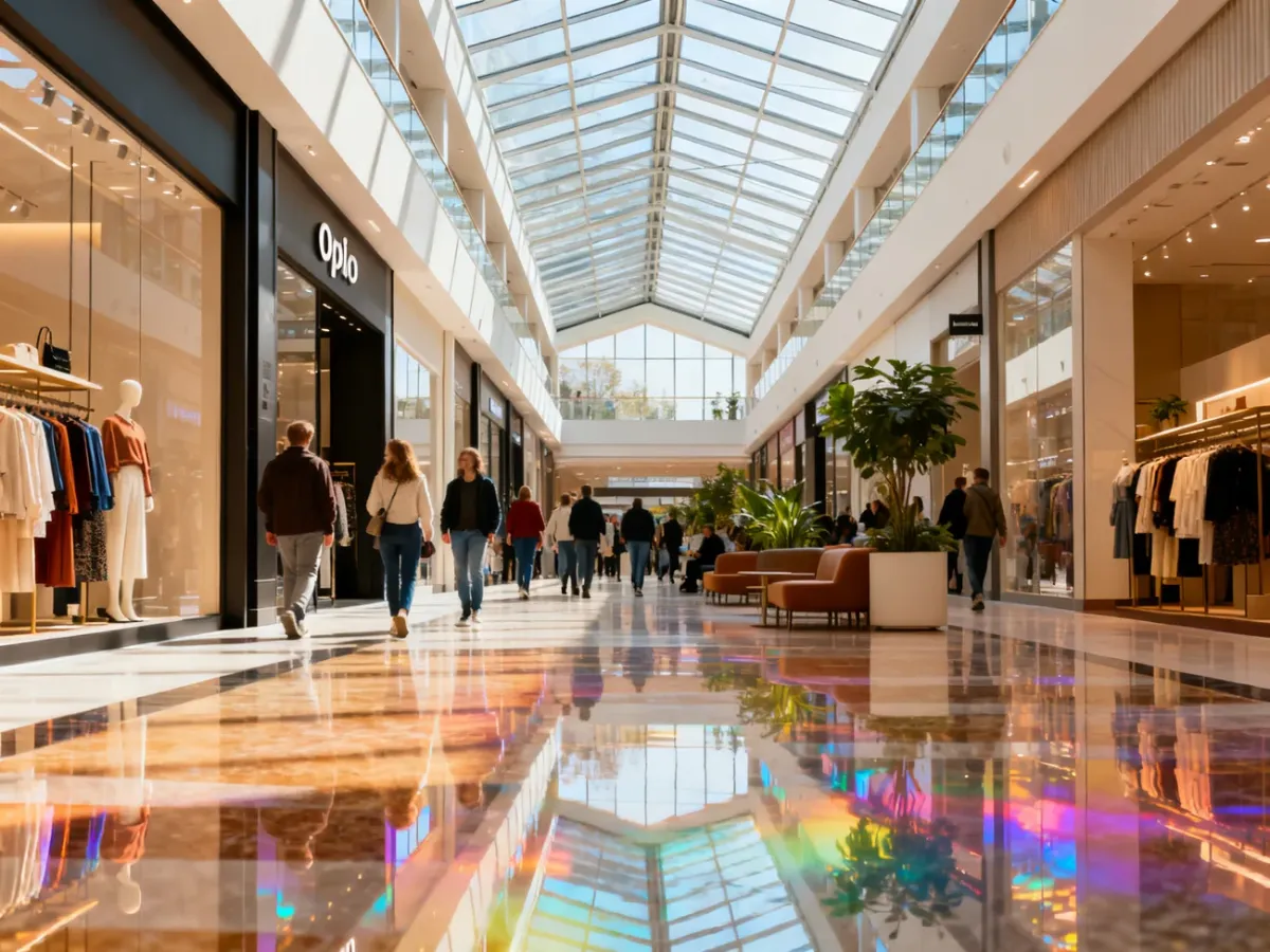 Jasne, nowoczesne wnętrze galerii handlowej w Opolu z butikami, spacerującymi klientami i przeszklonym dachem, no text on the picture